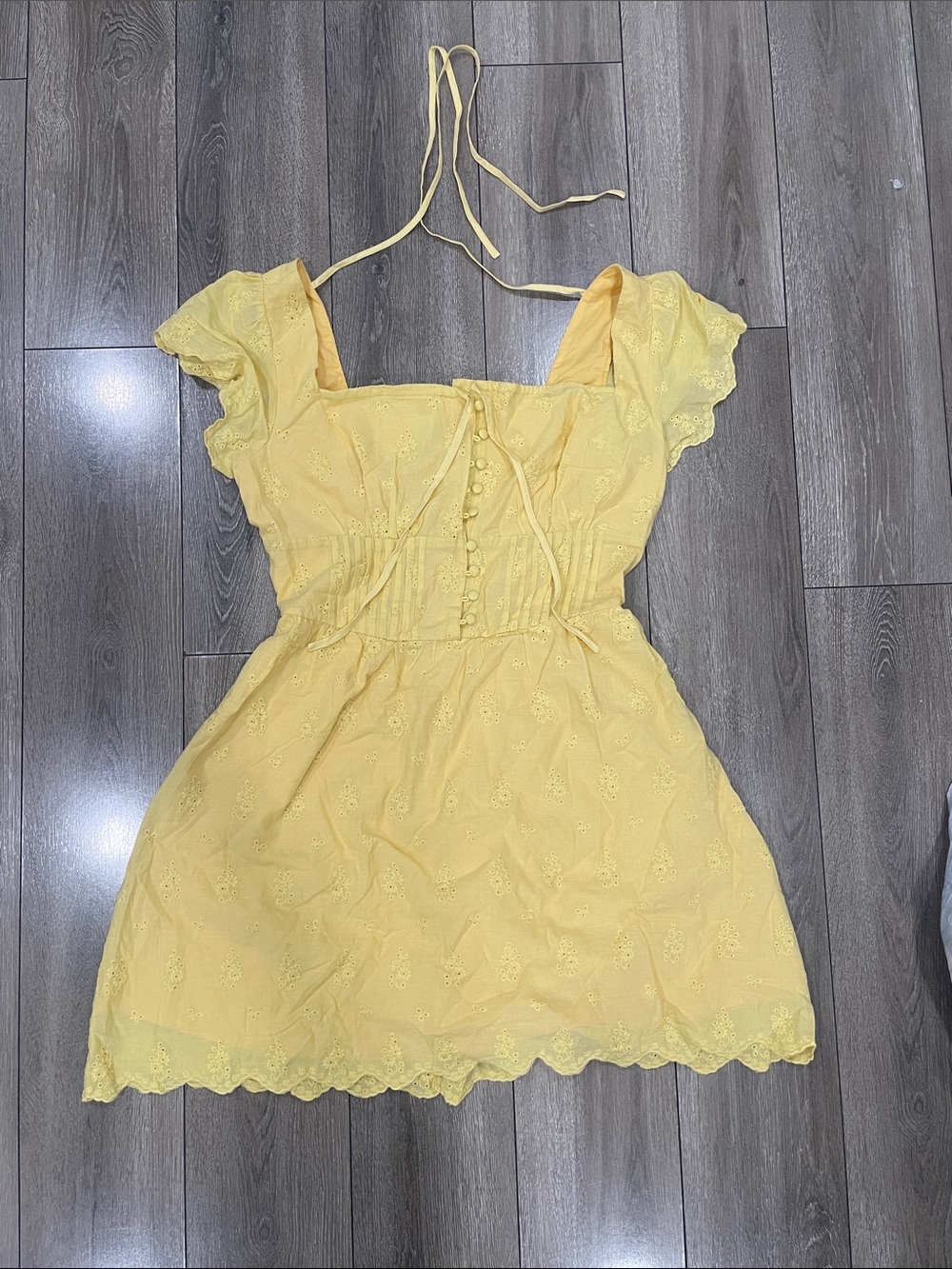 RIHOAS Yellow Eyelet Halter Ruffle Mini Dress